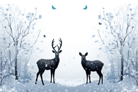 An enchanting winter tableau, showcasing the grace and resilience of wildlife, including deer, birds, and squirrels, in their natural habitats during the frosty season.