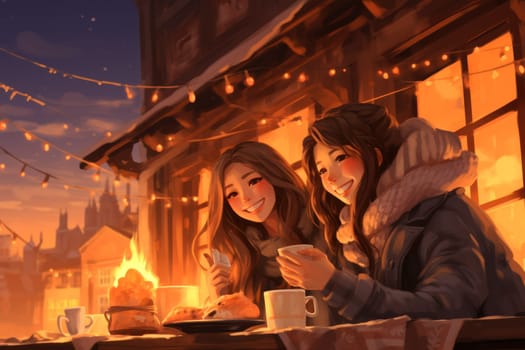 A heartwarming depiction of the winter season's charm, with individuals captured indoors, basking by a crackling fire, indulging in hot cocoa, or cocooned in soft blankets.