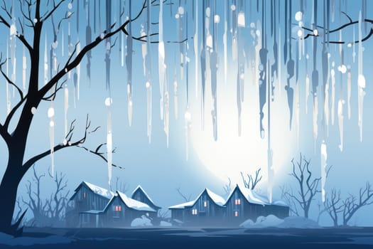 A remarkable portrayal of winter's allure, focusing on the glistening, see-through charm of icicles suspended from rooftops and tree limbs, showcasing their sparkling and crystalline elegance.