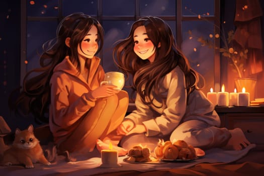 A heartwarming depiction of the winter season's charm, with individuals captured indoors, basking by a crackling fire, indulging in hot cocoa, or cocooned in soft blankets.