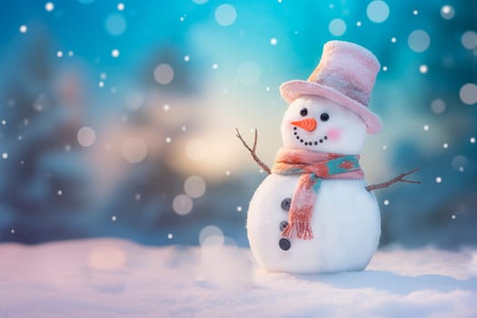 A snowman standing on the background of a winter landscape. High quality photo