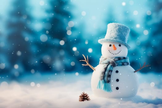 A snowman standing on the background of a winter landscape. High quality photo