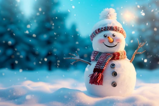 A snowman standing on the background of a winter landscape. High quality photo