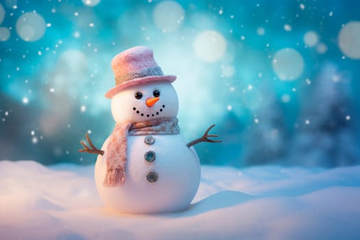 A snowman standing on the background of a winter landscape. High quality photo