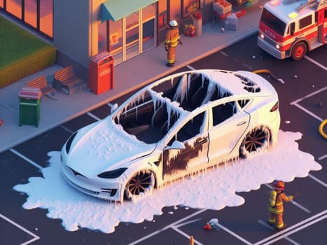 burned melted ev electric car, battery failure in parking lot, firefighter use foam to extinguish generative ai art