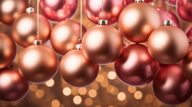 Closeup Pink, Gold Christmas Hanging Baubles. Collection of New Year Balls, Background. Lights, Bokeh Generative AI High quality photo