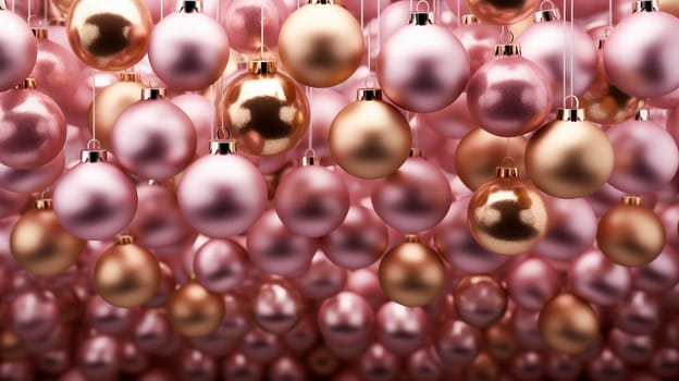 Pink, Gold Christmas Hanging Baubles. Collection of New Year Balls, Background. Generative AI. High quality photo