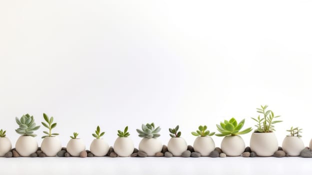 A row of small succulent plants in white pots on a white background.minimalist and modern style.The pots are round and have a smooth texture. High quality photo