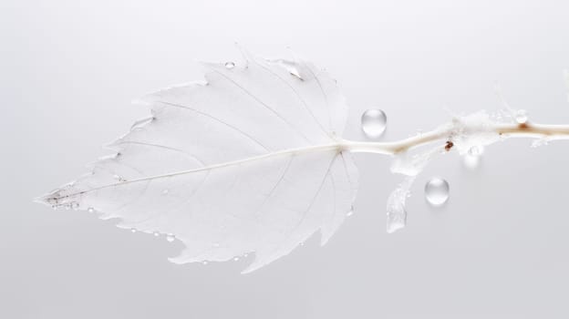 white leaf with water droplets on a white background. This image captures the beauty and fragility of nature. The leaf is translucent and has some red spots, adding contrast and interest. High quality photo