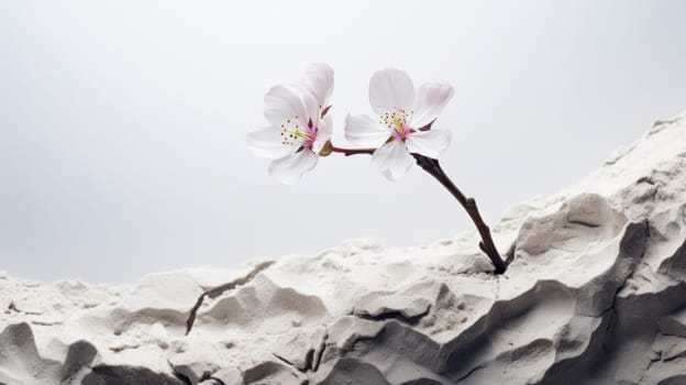 Two cherry blossom flowers on a white crumpled background. This image showcases the elegance and simplicity of nature. The flowers are white with pink centers and yellow stamens, creating a delicate contrast. High quality photo