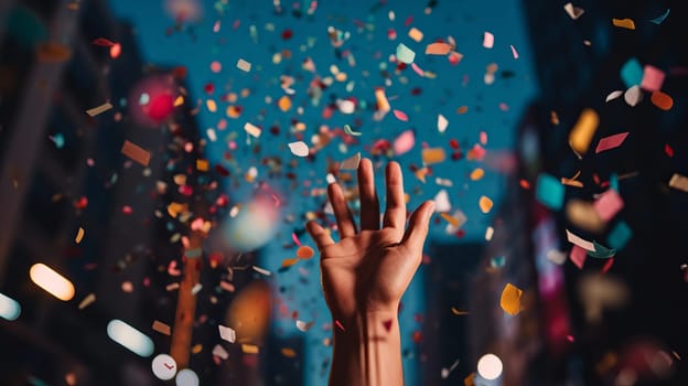 A hand reaches for confetti in a dark room with festive lights.New Year themed greetings. High quality photo