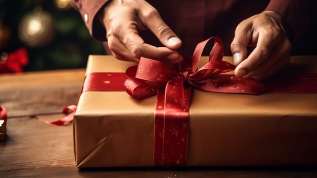a person hands tying a red ribbon on a gift box. It is a festive and elegant gesture of giving and celebrating. High quality photo