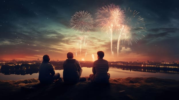 Three people sit on a cliff, overlooking a city skyline with fireworks, capturing the festive spirit of Christmas and New Year. High quality photo