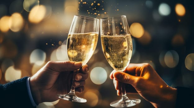 Celebrate with champagne Capture the festive mood of a party with this elegant photo of two hands clinking champagne glasses against a sparkling bokeh background. High quality photo