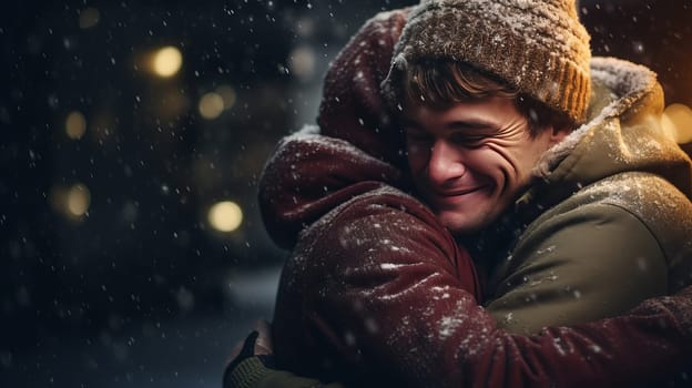 A couple hugs in the snow, feeling the warmth of love and the joy of Christmas and New Year, with bokeh lights in the background. High quality photo