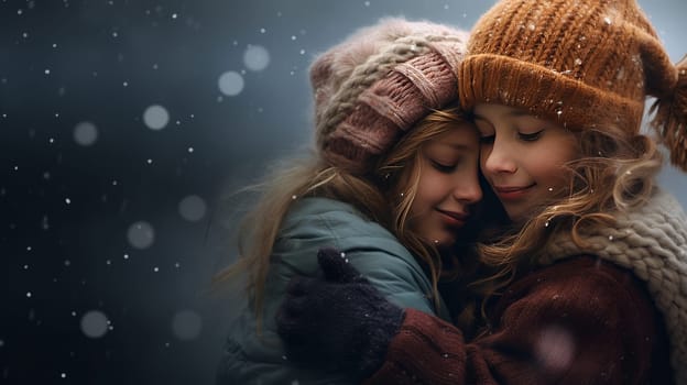 A mother and child share a loving hug in the snow, expressing the warmth and joy of family during Christmas and New Year holidays. High quality photo