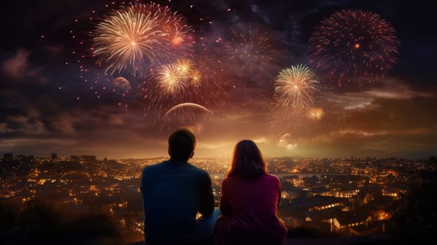 A romantic night view of a city skyline with colorful fireworks. A couple enjoys the spectacular show from a hill. High quality photo