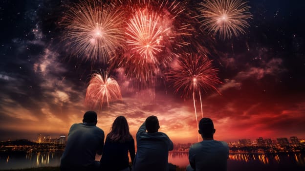 Four people watch a festive fireworks show over a modern city skyline at night, celebrating Christmas and New Year in a colorful. High quality photo