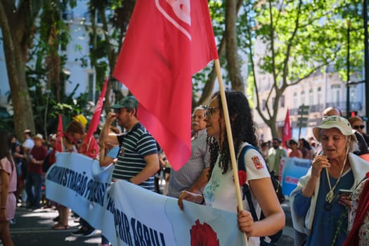 Lisbon, Portugal - April 25, 2023: Anniversary celebration of The Carnation Revolution aka the 25 April Revolution (25 de Abril) by demonstration march