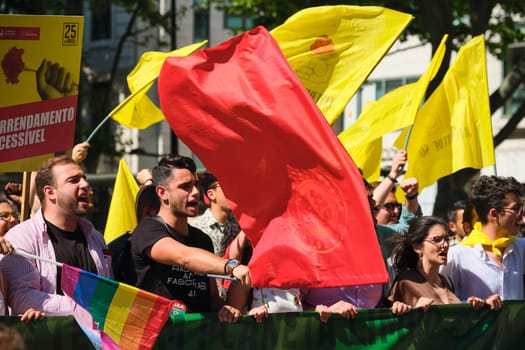 Lisbon, Portugal - April 25, 2023: Anniversary celebration of The Carnation Revolution aka the 25 April Revolution (25 de Abril) by demonstration march