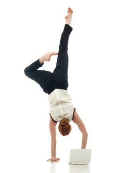 Acrobat with laptop, isolated on white. Concept of overemployment