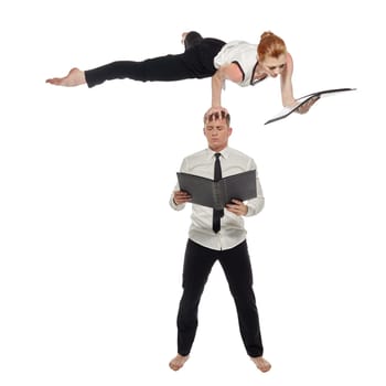 Concept of multitasking. Businessmen-acrobats work in pair