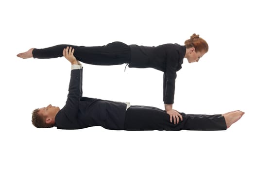Concept of multitasking. Business acrobats keep balance