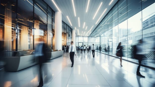 Business people rushing in office lobby with motion blur