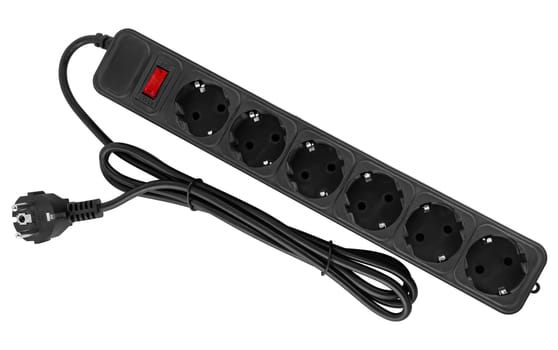 surge protector, electrical extension cord with sockets on white background in insulation