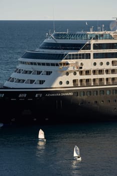 Monaco, Monte Carlo, 13 November 2022: A lot of sail boats and yachts in the sea went on a sailing trip near port Hercules, sail regatta, race. High quality photo