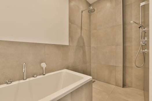 a bathroom with a tub, shower and toilet in the same color as it appears to be used for use