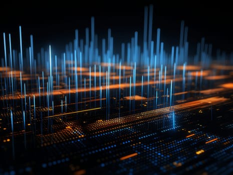 Abstract technology, blue and orange neon background of lines and dots, science and technology business concept of digital future technologies. AI