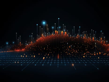 Abstract technology, blue and orange neon background of lines and dots, science and technology business concept of digital future technologies. AI