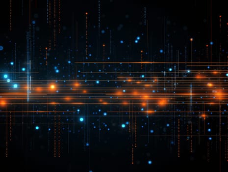 Abstract technology, blue and orange neon background of lines and dots, science and technology business concept of digital future technologies. AI