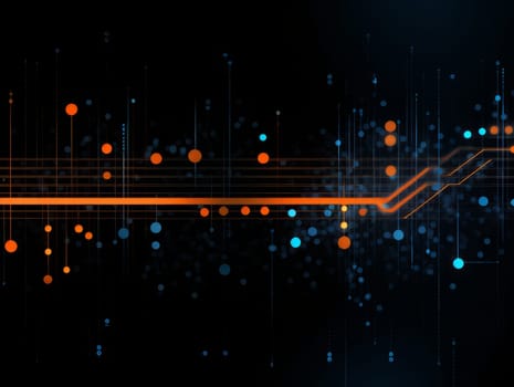 Abstract technology, blue and orange neon background of lines and dots, science and technology business concept of digital future technologies. AI