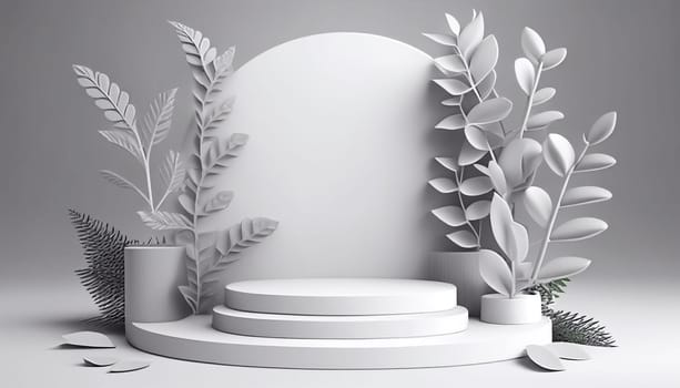 Abstract white 3D room with realistic white cylinder pedestal podium set and palm leaf shadow overlay. Minimal scene for product display presentation. geometric platform. Stage for showcase