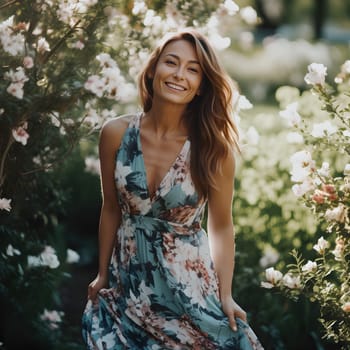 an attractive smiling woman in a floral dress standing in a garden near flowers - AI Generative