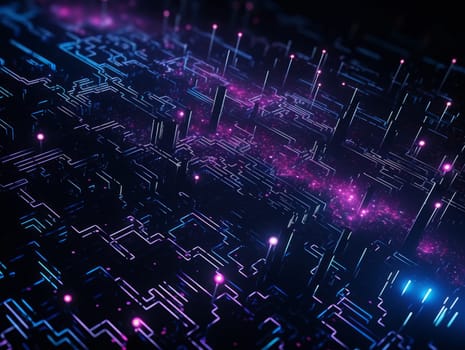 Abstract technology, blue and purple neon background of lines and dots, science and technology business concept of digital future technologies. AI