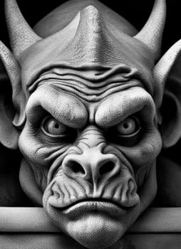 AI generated grotesque gargoyle ogre face hanging on a wall. Black and white.
