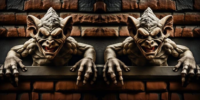 AI generated grotesque gargoyles ogre face hanging on a wall.