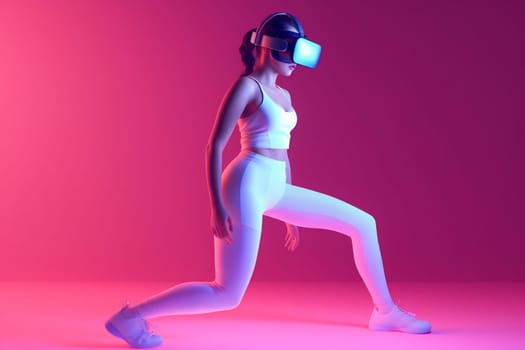 neon woman digital three-dimensional 3d character metaverse sport reality virtual game floating innovation vr person futuristic reality virtual connect glasses render cyborg blue. Generative AI.