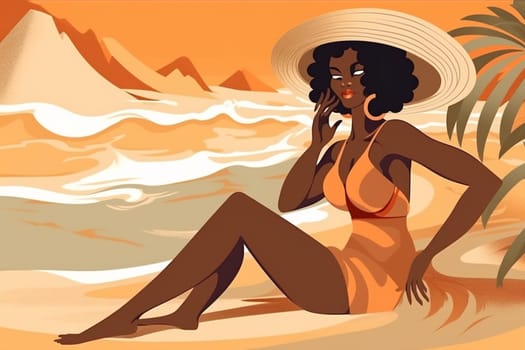 woman art young black beige sand holiday beach tropical poster african tourism american vacation girl concept hat body relax sea tanned summer. Generative AI.