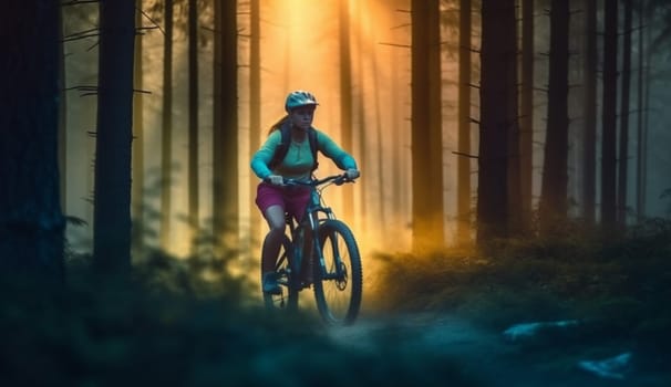 green woman sport forest active activity fitness path outdoors walking girl dark bike lifestyle mountain tree cycling bicycle night summer sunset bike. Generative AI.