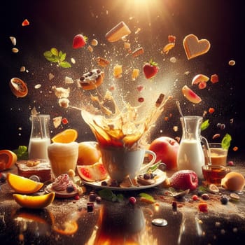 splash and flying breakfast elements food and drink, cappuccino, fruit, cake, cookie at sunrise generative ai art