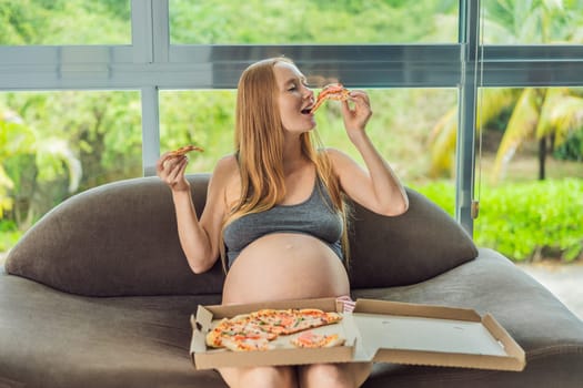 A pregnant woman enjoys a slice of pizza, savoring a moment of indulgence while satisfying her craving for a delightful, comforting treat. Excited Pregnant Young Lady Enjoying Pizza Holding Biting Tasty Slice Posing With Carton Box. Junk Food Lover Eating Italian Pizza. Unhealthy Nutrition Cheat Meal.