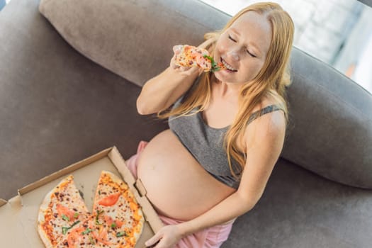 A pregnant woman enjoys a slice of pizza, savoring a moment of indulgence while satisfying her craving for a delightful, comforting treat. Excited Pregnant Young Lady Enjoying Pizza Holding Biting Tasty Slice Posing With Carton Box. Junk Food Lover Eating Italian Pizza. Unhealthy Nutrition Cheat Meal.