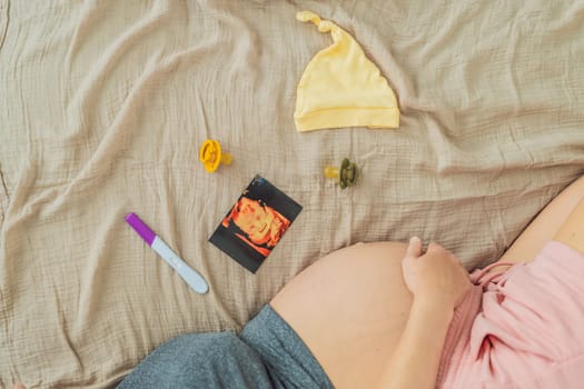 A composition of essential pregnancy attributes: a positive pregnancy test, ultrasound image, tiny pacifier, and a soft baby's cap, embodying the journey to motherhood.