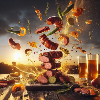 meat barbacue flying pieces of meat and veggies , splahing sauces, sunset golden light generative ai art