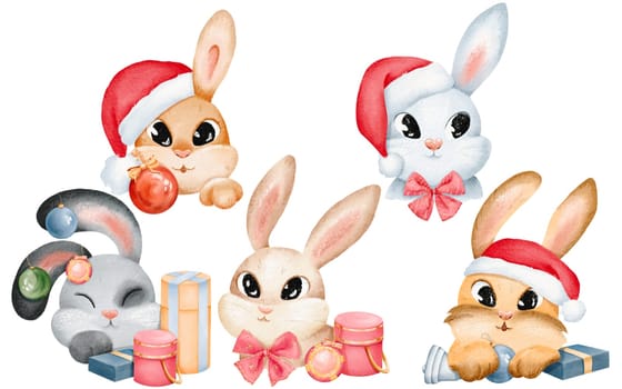 Set of charming rabbits. Santa Claus hats Christmas baubles and presents. bunny portraits are perfect for stickers, cards, sets, and design elements. They are isolated watercolor digital illustration.