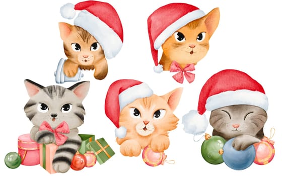 kittens with holiday charm, donning Santa hats, surrounded by Christmas ornaments and presents. These cat portraits are perfect for stickers, cards, sets, and design elements. isolated watercolor.